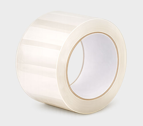A large roll of clear adhesive tape on a light grey background.