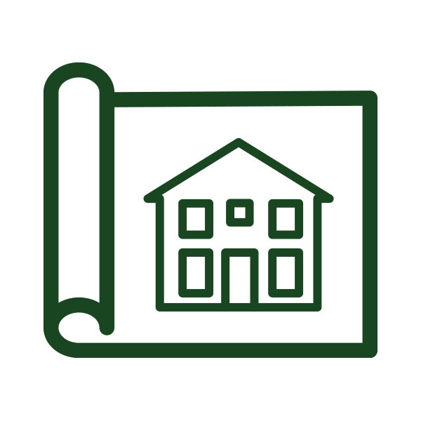 A green line drawing of a house blueprint on a white background.