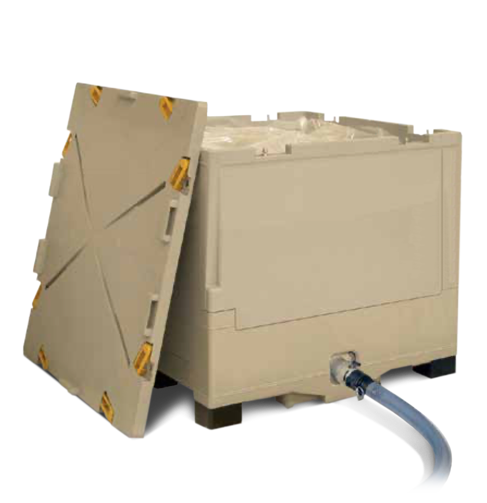 A beige plastic container with a propped lid and an attached hose.