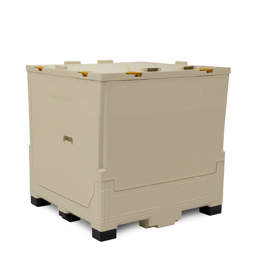 A large beige storage container with a flat lid and black feet.