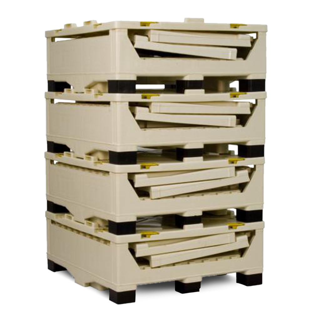 Stack of four beige plastic containers with black corner supports.