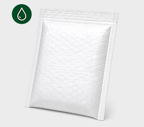 A white bubble mailer with circular indentations and a flap, against a light gray background with a green droplet icon.