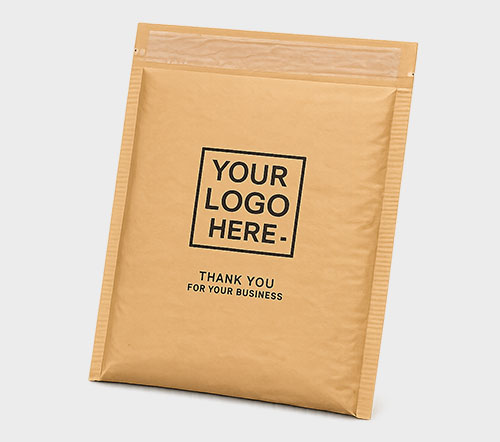 A brown kraft bubble mailer with placeholder text for a logo and a message of appreciation.
