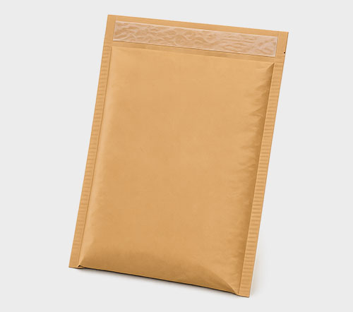 Brown padded envelope with an adhesive strip on a white background.