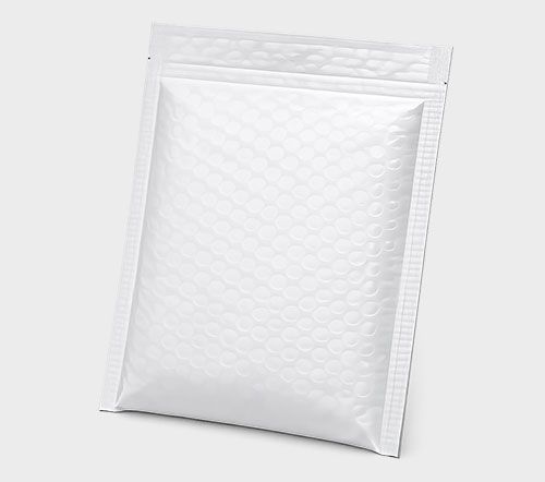 White bubble mailer with circular bubble pattern and serrated edges.