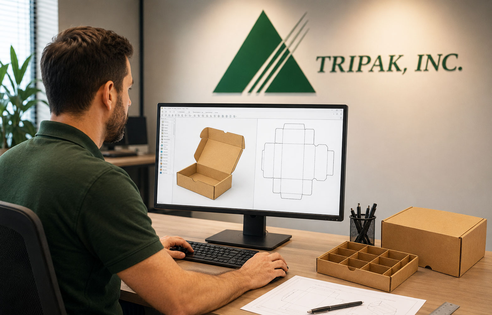 A man at a desk working on a computer displaying a cardboard box design, with "TRIPAK, INC." logo on the wall.