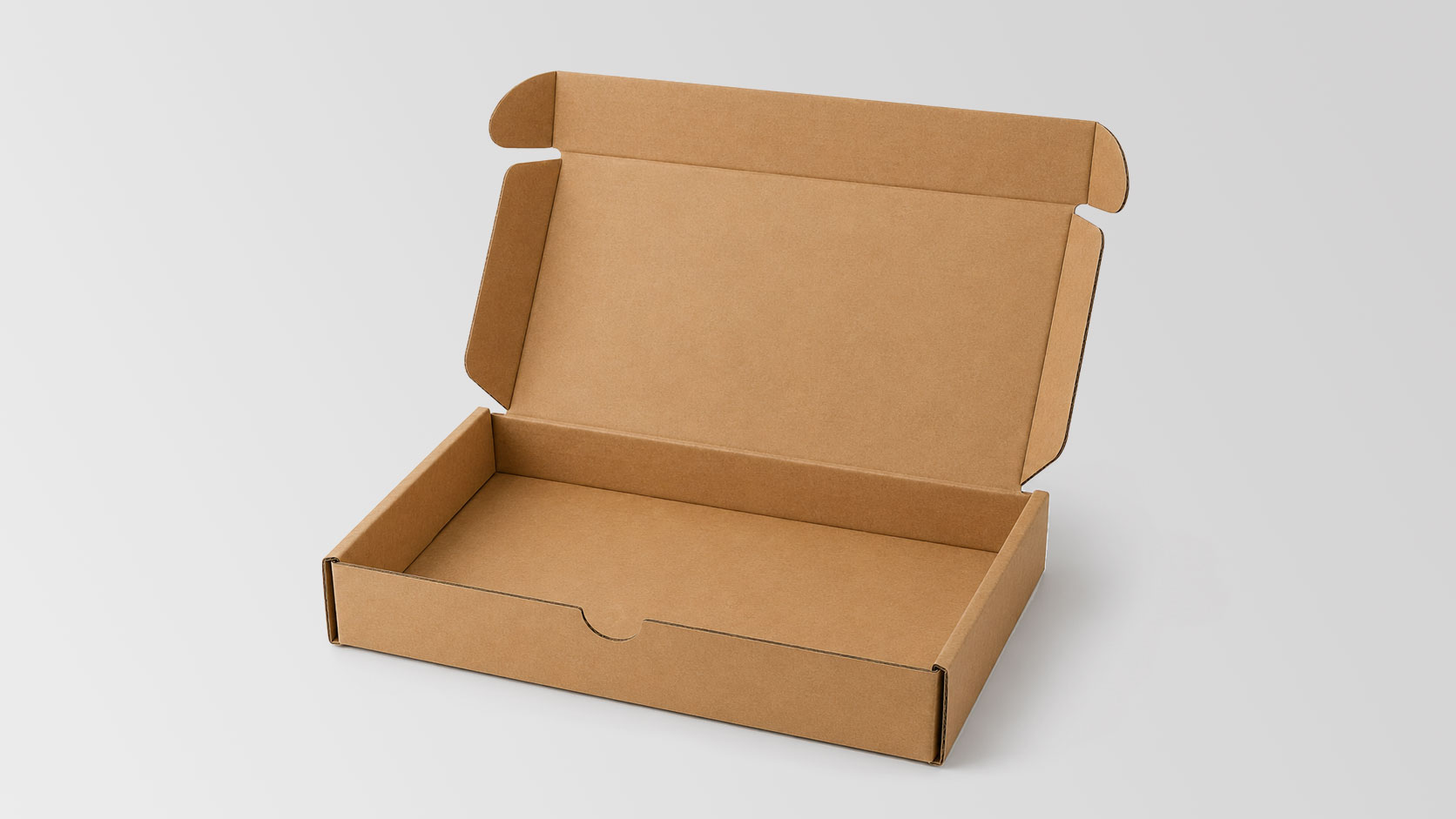 Open empty cardboard box with a fold-over lid against a gray background.