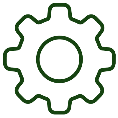 Green outline of a gear icon with eight teeth.