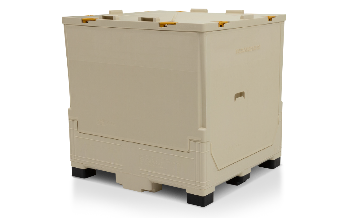 A large beige storage container with a flat lid and black feet.