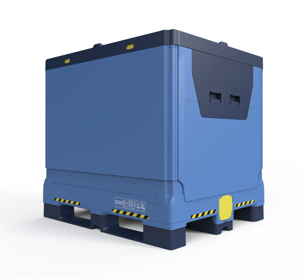 Large blue industrial container with a dark blue lid and black pallet base.
