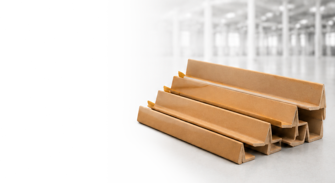A stack of brown cardboard corner protectors on a light surface with a blurred industrial background.