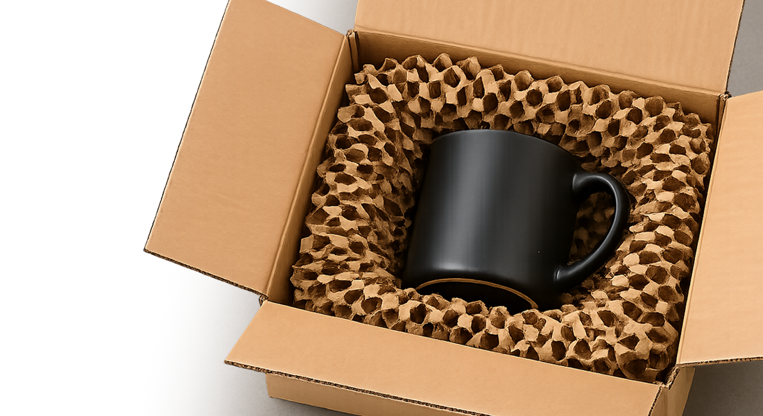 Cushion Void Header A black coffee mug inside an open cardboard box, cushioned by honeycomb paper padding.