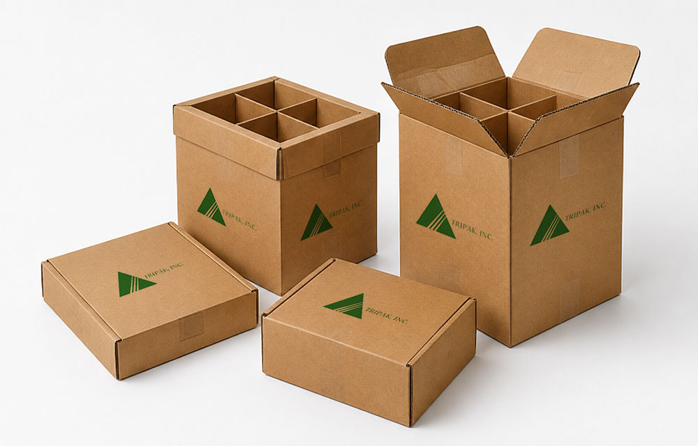 Four brown cardboard boxes with green logos, two closed and two open with internal compartments.