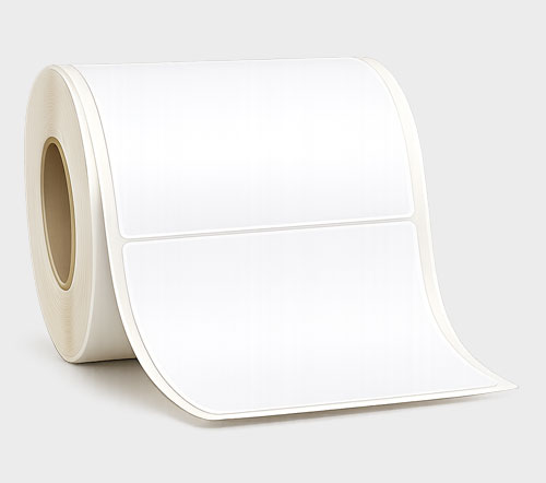 Custom Labels Roll of blank white labels on a gray background.