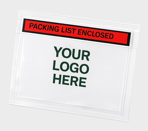 Clear plastic envelope with "PACKING LIST ENCLOSED" in red and "YOUR LOGO HERE" in green text.