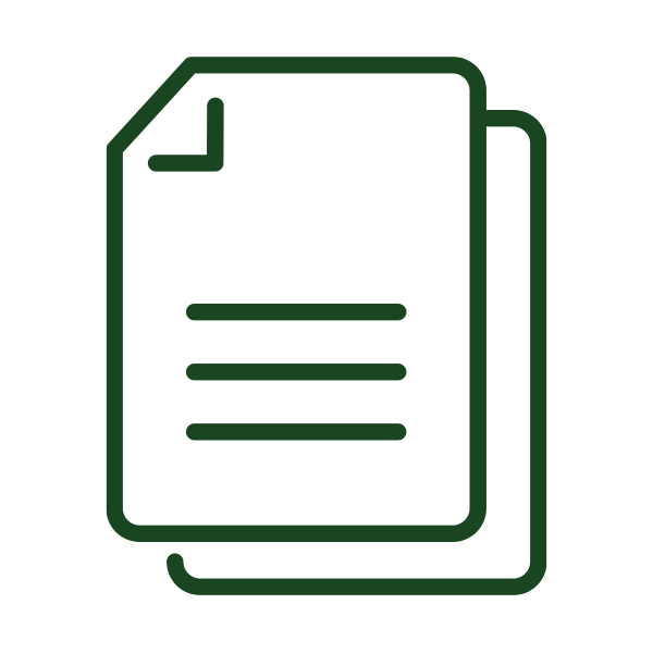 Icon of two overlapping pages with lines representing text, in dark green on a white background.