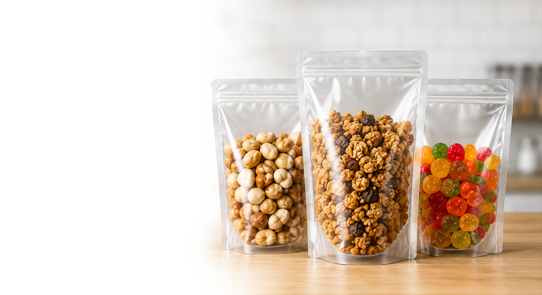 FDA Approved Food Bags Header Three clear bags filled with nuts, caramel popcorn, and gummy candies.