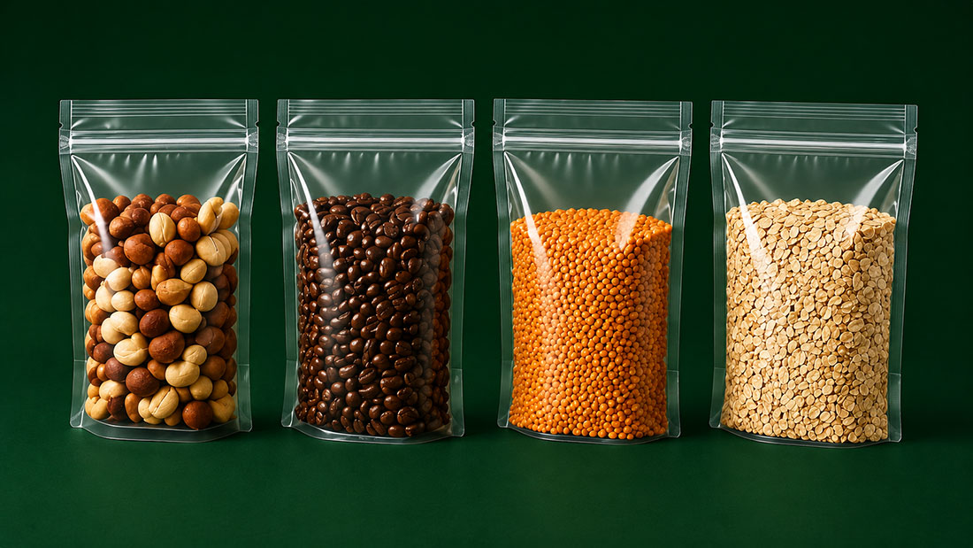 FDA Approved Food Bags Four transparent pouches with nuts, coffee beans, orange lentils, and beige split peas, side by side.