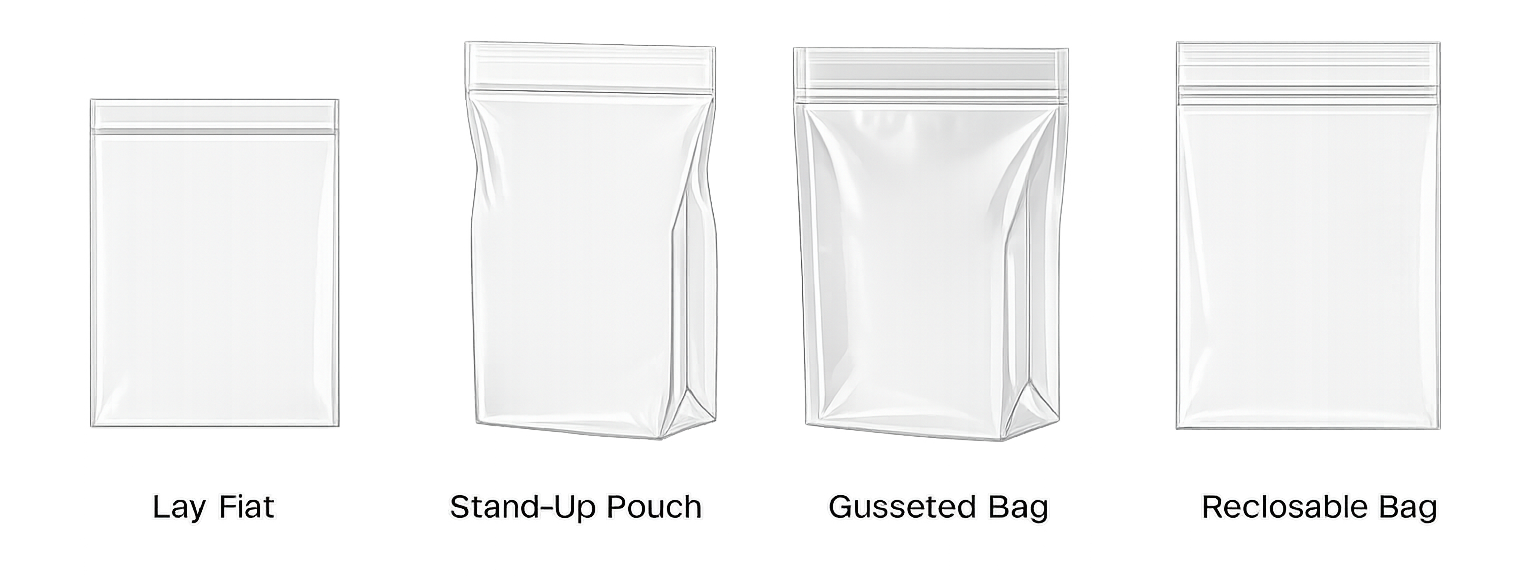 FDA Food Approved Bag Styles Four types of clear plastic bags labeled Lay Flat, Stand-Up Pouch, Gusseted Bag, and Reclosable Bag.