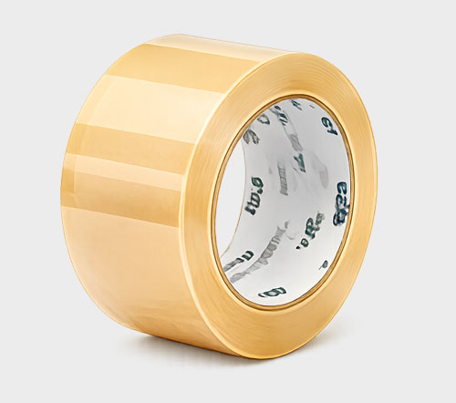 A roll of wide, clear adhesive tape with a glossy finish and printed inner core.