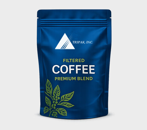 Blue coffee pouch with "TRIPAK, INC." logo and "Filtered Coffee Premium Blend" text, decorated with green coffee plant graphic.