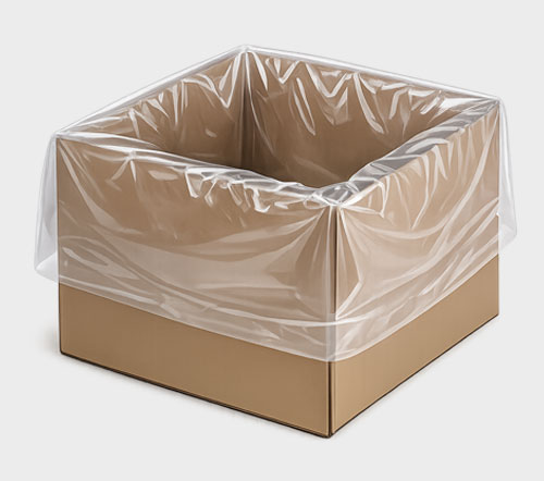A square cardboard box with a clear plastic liner draped over it.