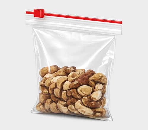 A ziplock bag filled with Brazil nuts, sealed with a red slider.