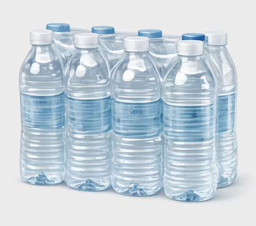 A pack of nine clear plastic water bottles with blue labels and white or blue caps, wrapped in transparent plastic.