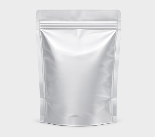 A silver stand-up pouch with a resealable top against a light gray background.