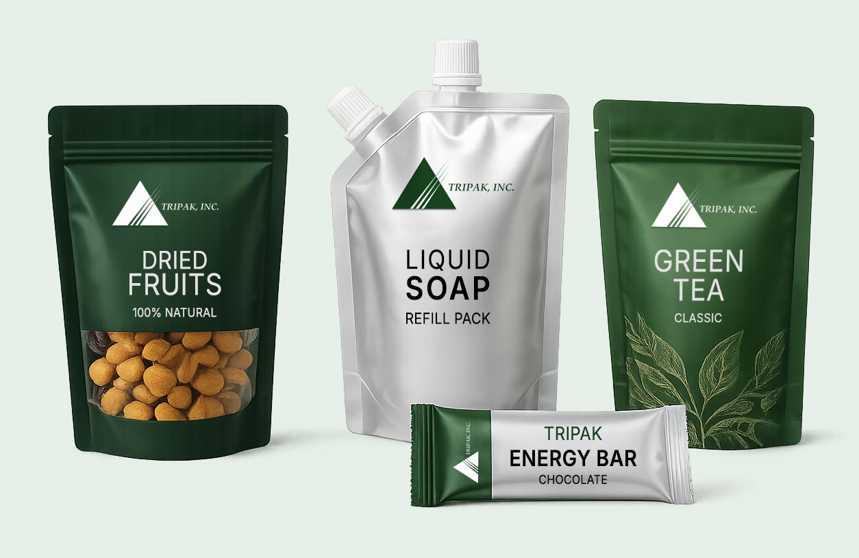 Four TRIPAK, INC. product packages, including dried fruits, liquid soap, green tea, and an energy bar.