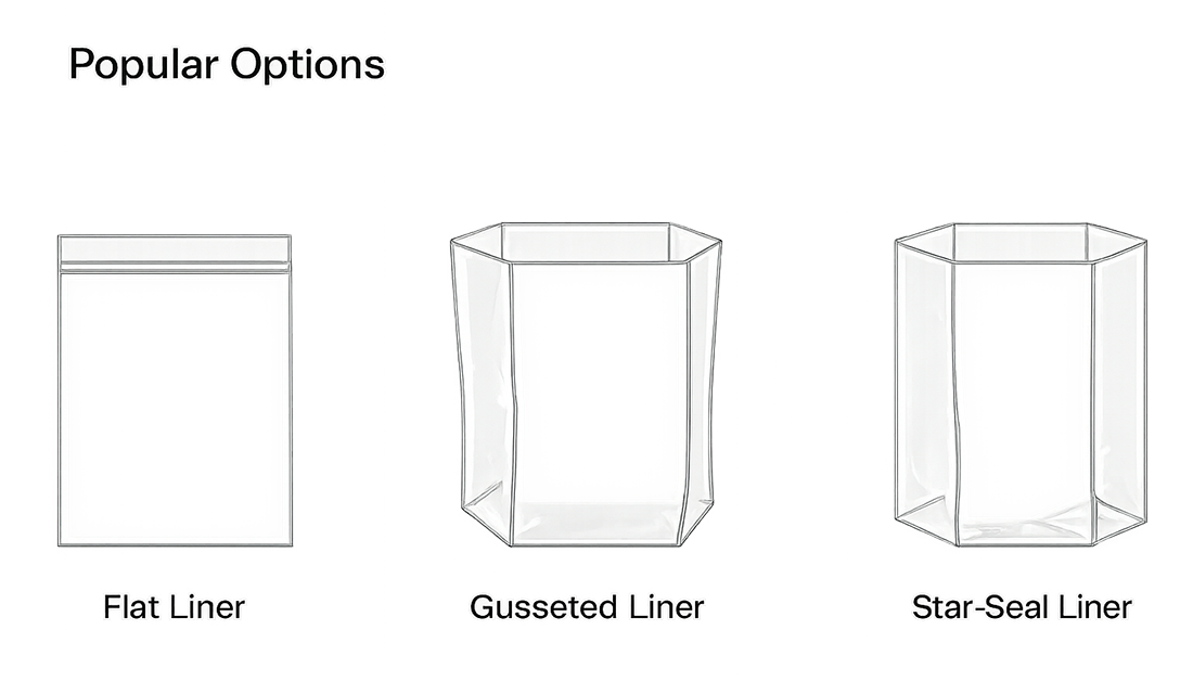 Three types of plastic liners labeled: Flat Liner, Gusseted Liner, and Star-Seal Liner.