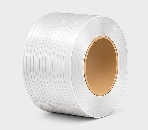 A large coil of white polypropylene strapping with a cardboard core.
