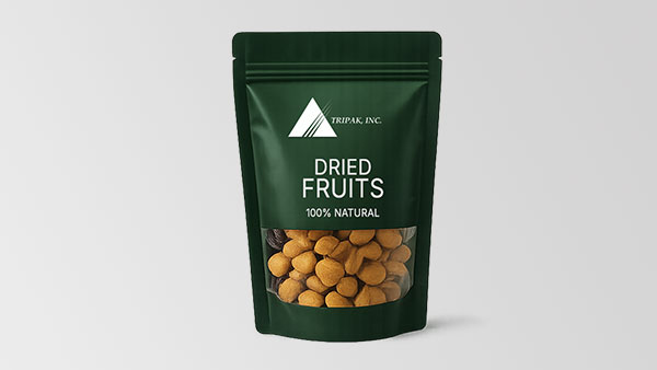 A green pouch labeled "Dried Fruits" features transparent packaging revealing orange dried fruits inside. It has a clean, natural, and organic vibe.