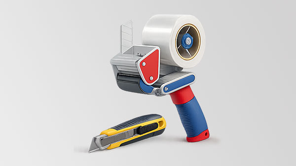 A colorful tape dispenser with a roll of clear tape is paired with a utility knife featuring a yellow and black handle, set against a light gray background.