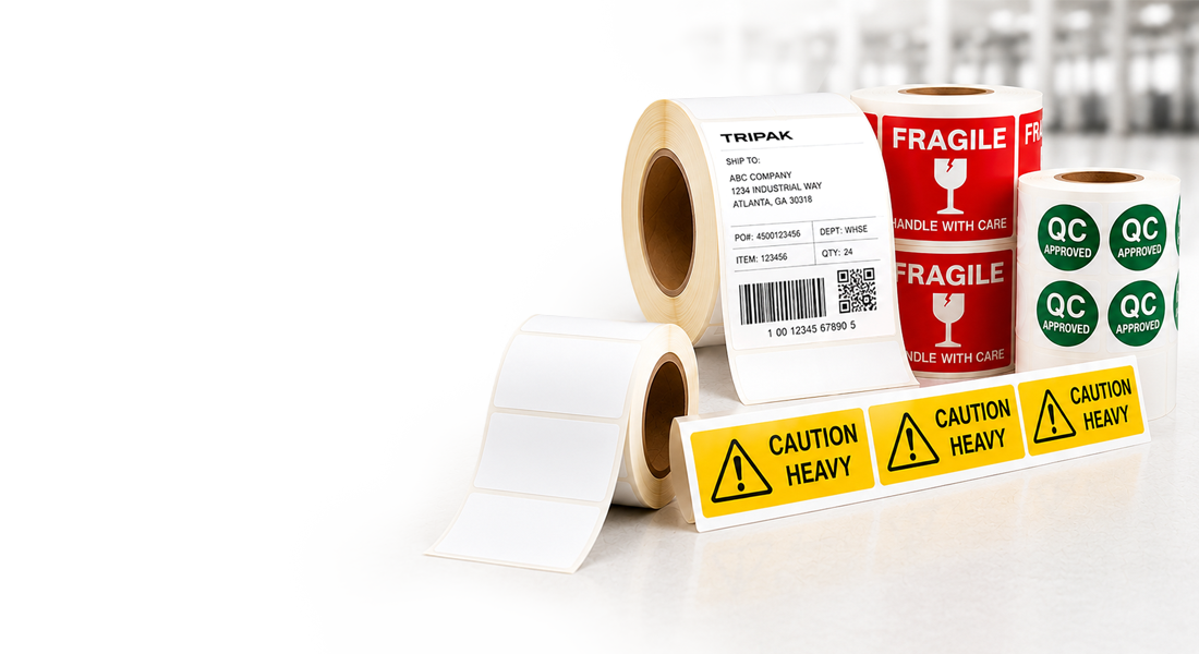 Labels Stock Custom Header A variety of adhesive label rolls, including shipping, fragile, QC approved, and caution heavy labels.