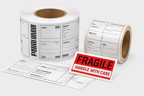 Rolls of shipping labels alongside a "FRAGILE HANDLE WITH CARE" label.