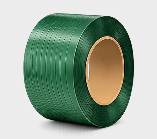 A roll of dark green plastic strapping tape with a light brown cardboard core.