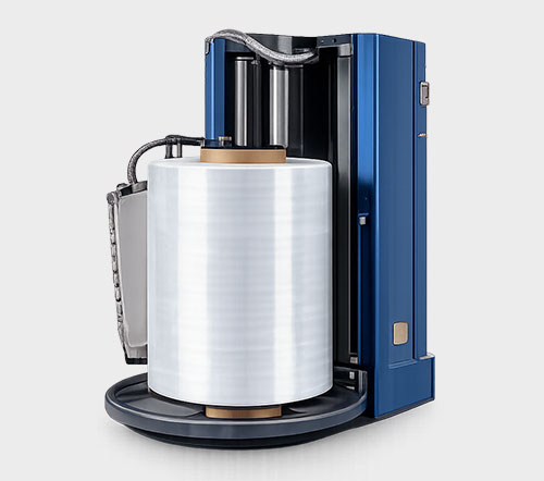 Pallet wrapping machine with a large roll of white stretch film and blue casing.
