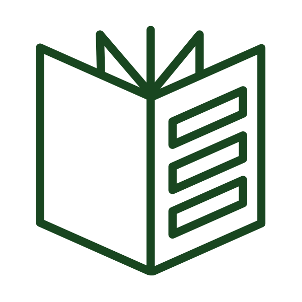 Icon of an open book drawn with green lines on a white background.