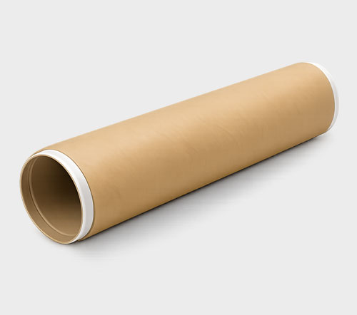 A cylindrical brown mailing tube with white caps on both ends against a gray background.