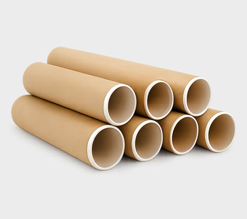 A stack of seven large cylindrical cardboard tubes arranged in a pyramid formation on a white background.