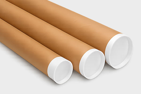 Three light brown cardboard tubes with white plastic caps on a grey background.