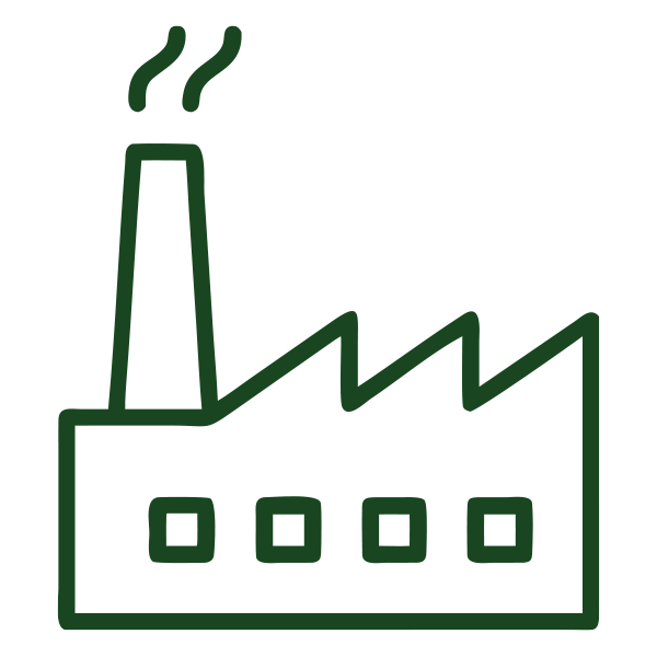 Simple factory icon with smokestack and zigzag roof in dark green.