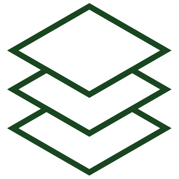 Three overlapping dark green rhombus outlines creating a layered effect on a white background.