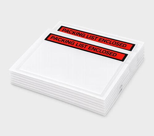 A stack of transparent adhesive pouches labeled "PACKING LIST ENCLOSED" in bold black on a red background.