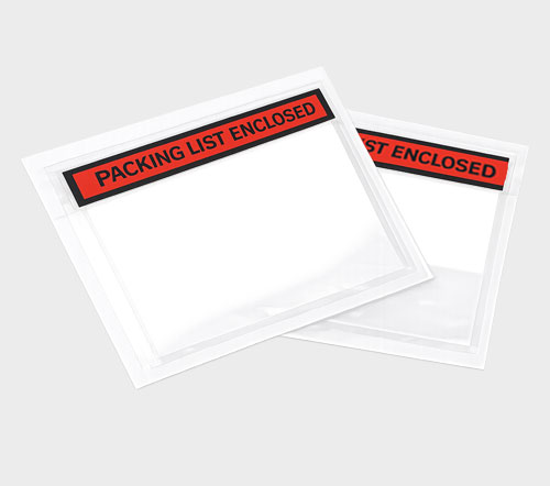 Two transparent packing list envelopes with red labels reading "PACKING LIST ENCLOSED."