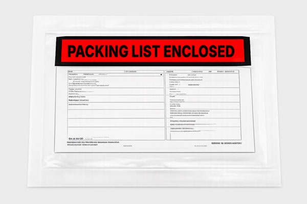Plastic pouch with "PACKING LIST ENCLOSED" label and a shipping form.