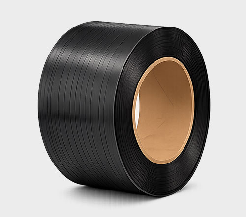 A large roll of black strapping material with a tan core on a light gray background.