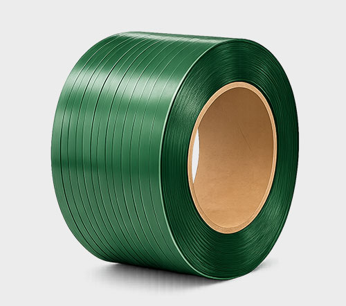 A roll of green plastic strapping with a cardboard core.