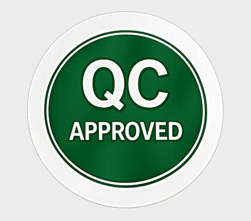 Quality Control Labels A circular green and white QC approved seal.